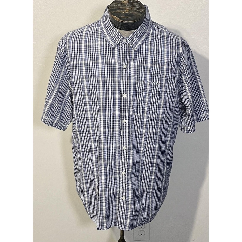 L.L. Bean Shirt Mens XL Blue‎ Plaid Slightly Fitted Short Sleeve Organic Cotton